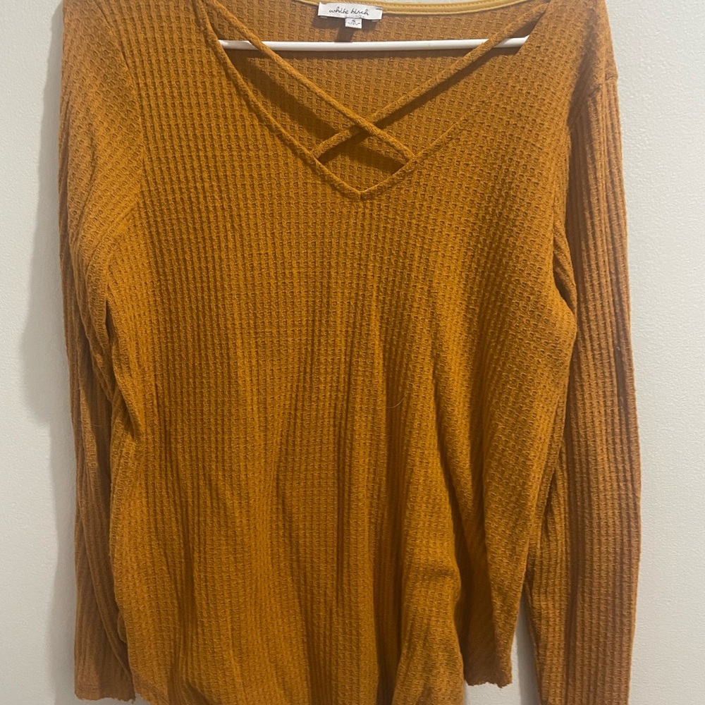 White Birch Mustard Crisscross V-Neck Waffle Knit Top